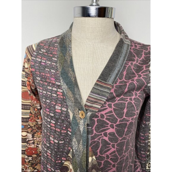 Sacred Threads Cardigan Womens M Open Front Boho Artsy Mixed Prints Asymmetrical - Picture 2 of 8